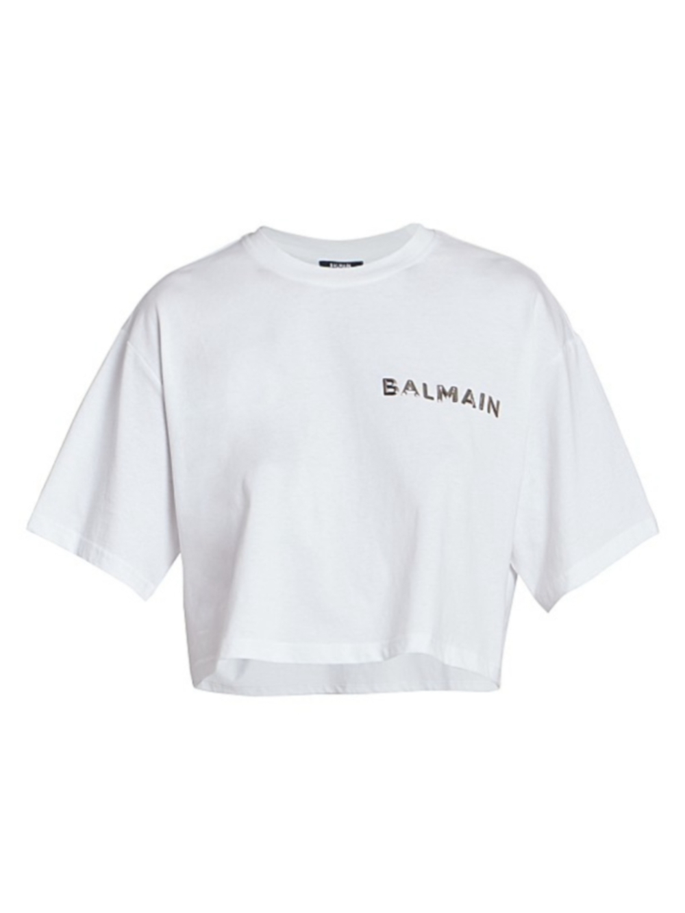 $495 BALMAIN Laminated Logo Cotton Crop T-Shirt Large - Picture 1 of 13